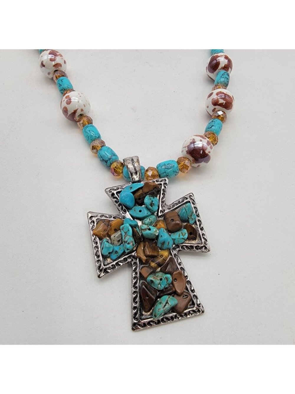 Artisan Turquoise Gemstone Cross Pendant With Faux Turquoise Glass & Pottery - Picture 3 of 6